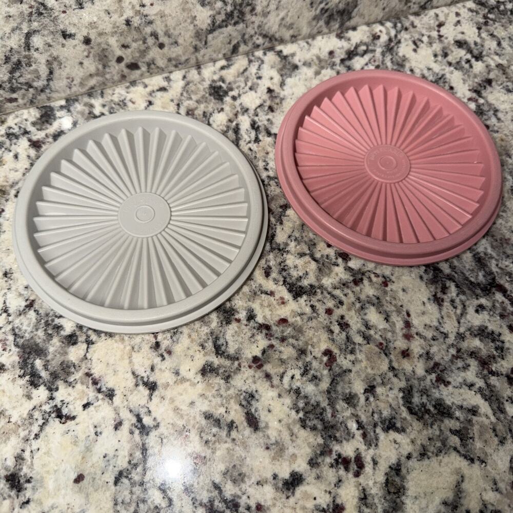 Vtg Tupperware Pink and Gray Lids Seals for Small 5 In Servalier Bowl LOT OF 2